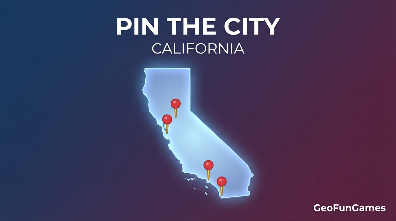 Pin the City - California: map illustration with pins for this geography game.