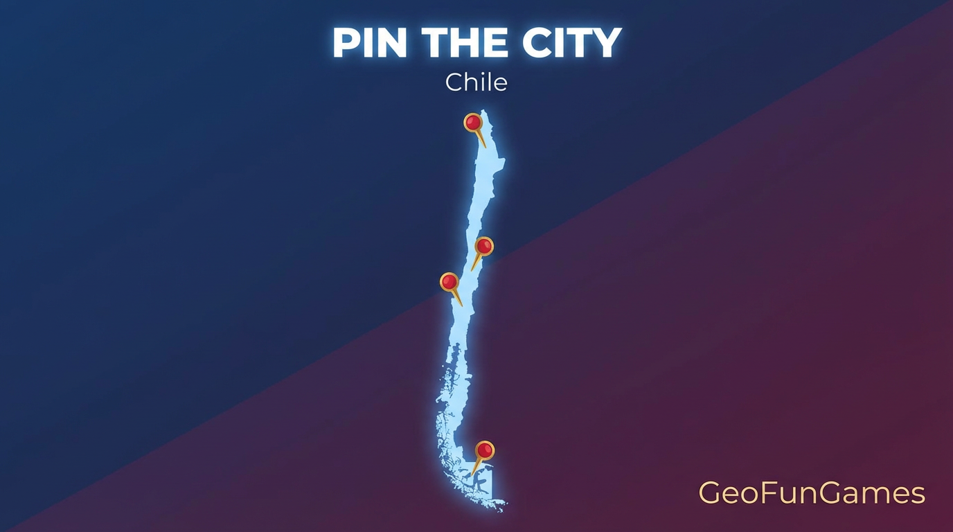 Marca la ciudad - Chile: ilustración del mapa con chinchetas para este juego de geografía.
