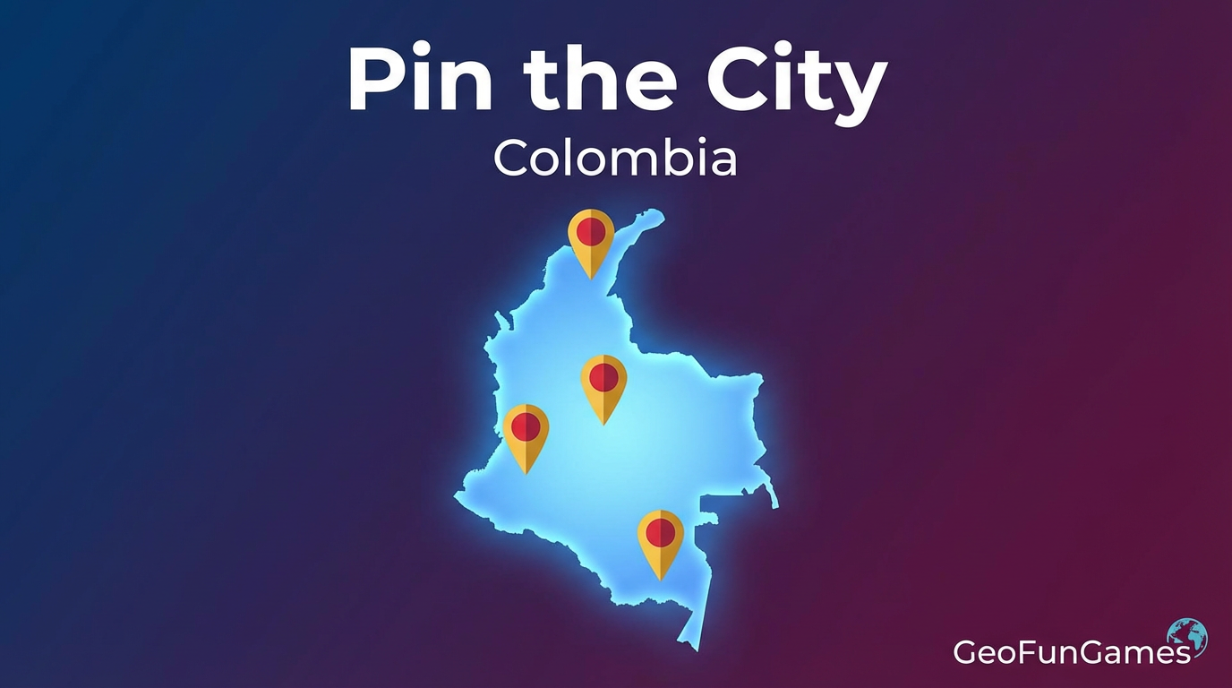 Marca la ciudad - Colombia: ilustración del mapa con chinchetas para este juego de geografía.
