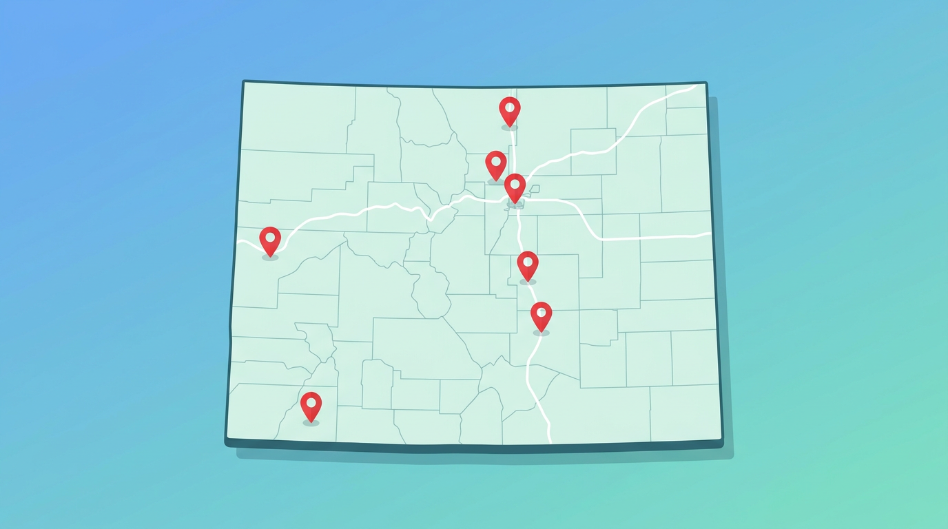 Pin the City - Colorado: map illustration with pins for this geography game.