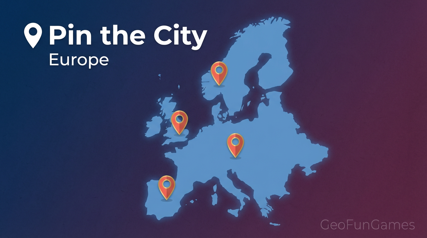 Plasser byen - Europa: kartillustrasjon med nåler for dette geografispillet.