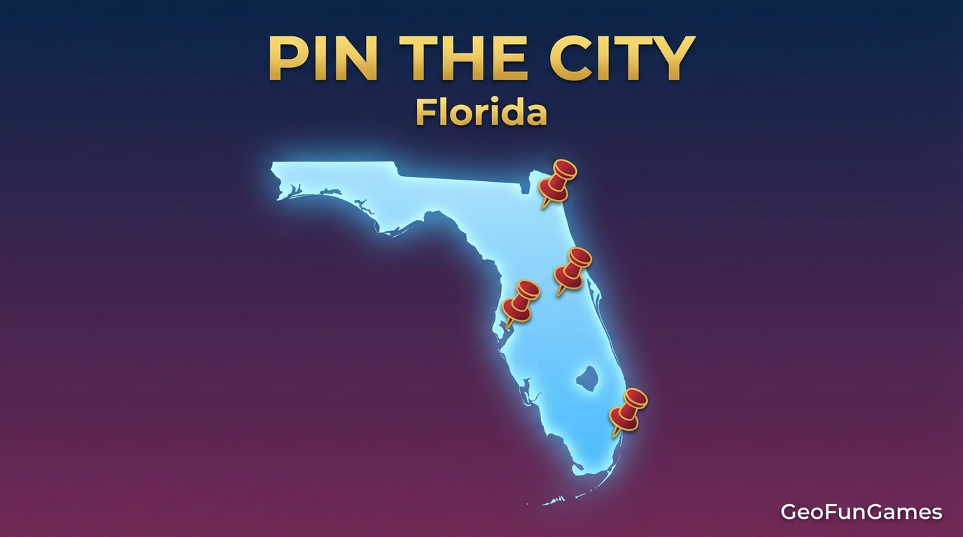 Pin the City - Florida: map illustration with pins for this geography game.
