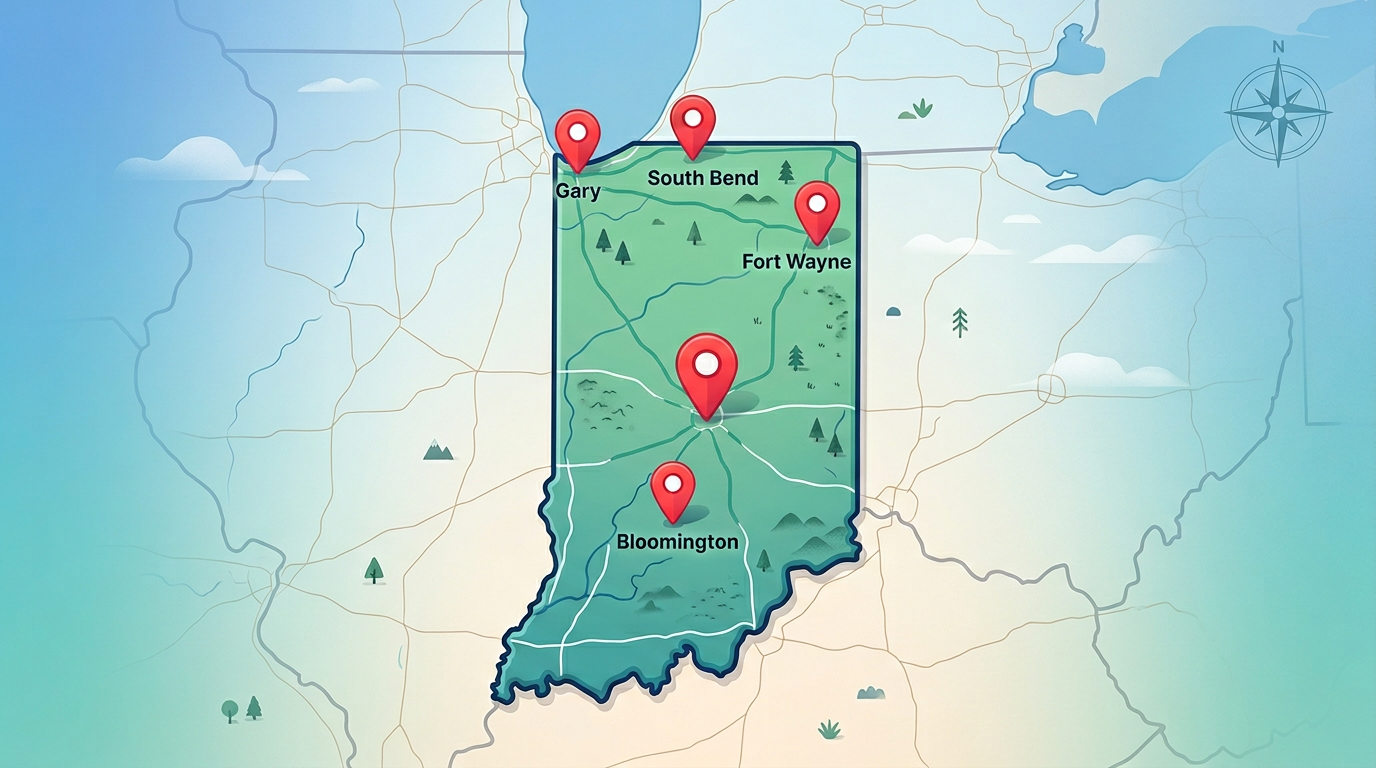 Pin the City - Indiana: map illustration with pins for this geography game.