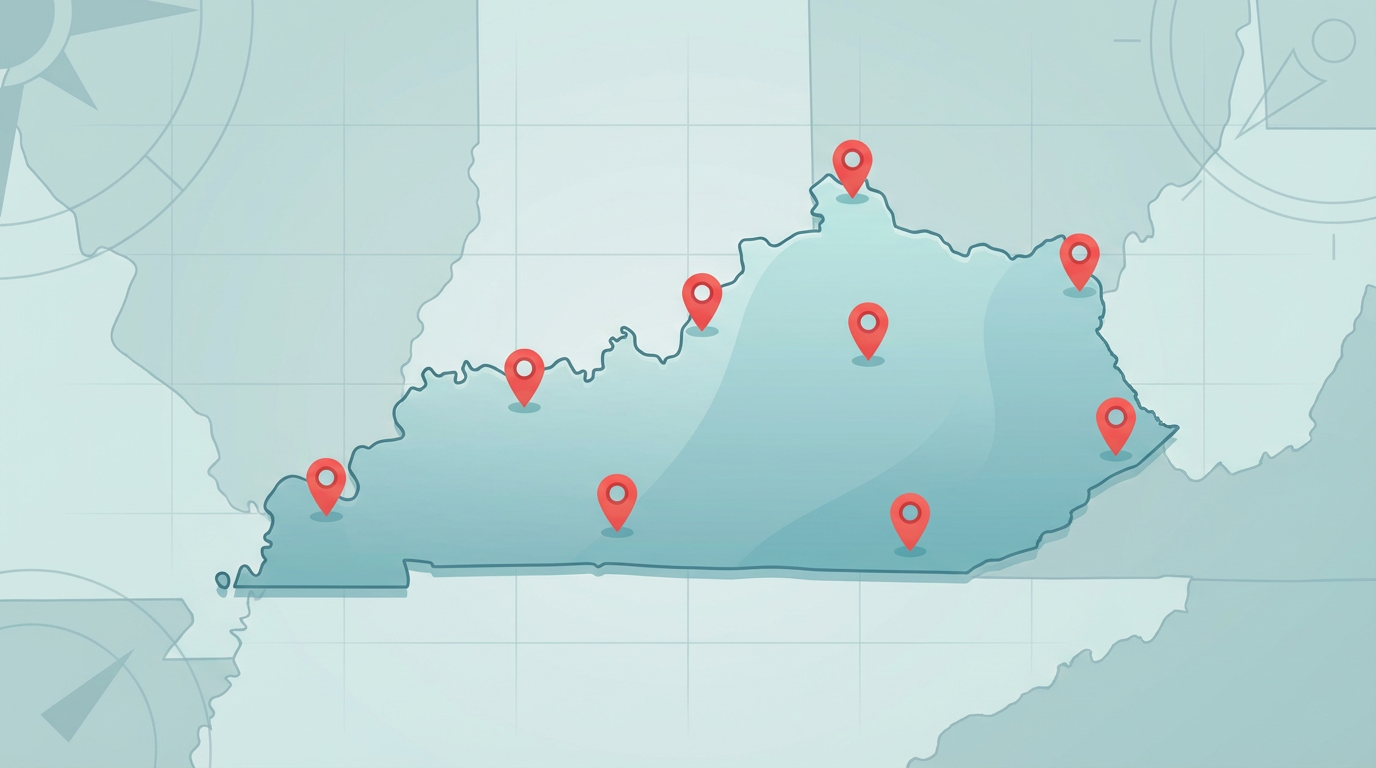 Pin the City - Kentucky: map illustration with pins for this geography game.