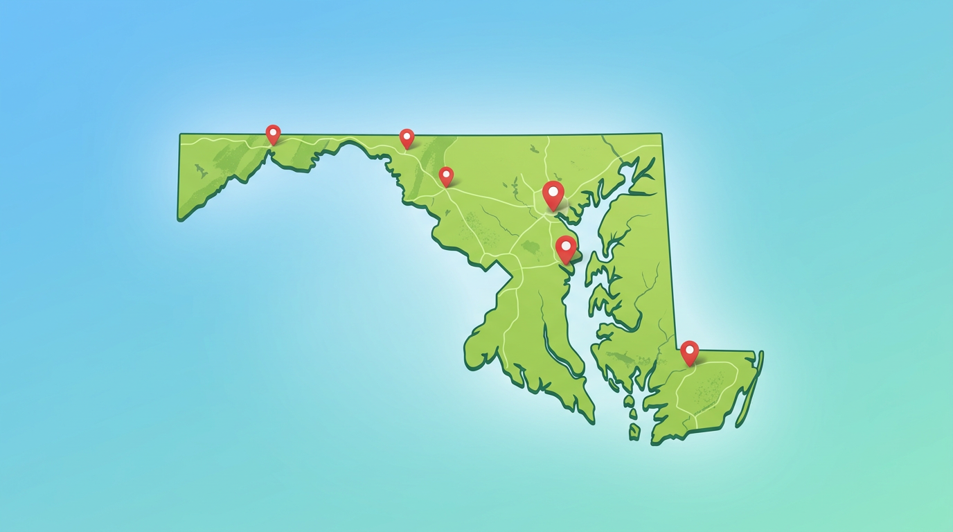 Pin the City - Maryland: map illustration with pins for this geography game.