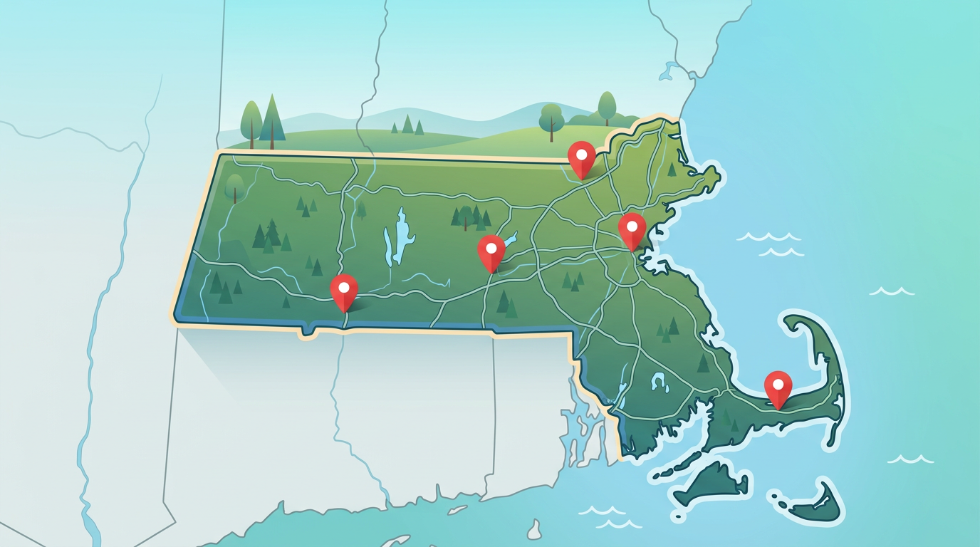 Pin the City - Massachusetts: map illustration with pins for this geography game.