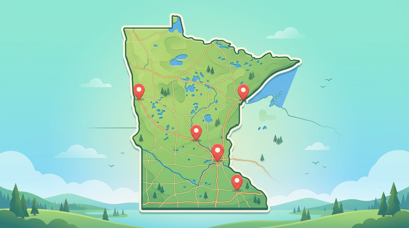 Pin the City - Minnesota: map illustration with pins for this geography game.