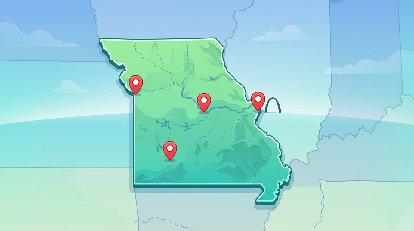 Pin the City - Missouri: map illustration with pins for this geography game.