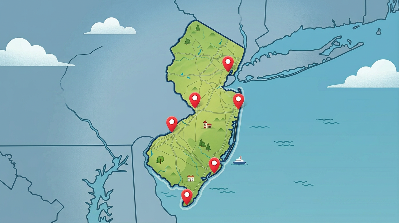 Pin the City - New Jersey: map illustration with pins for this geography game.