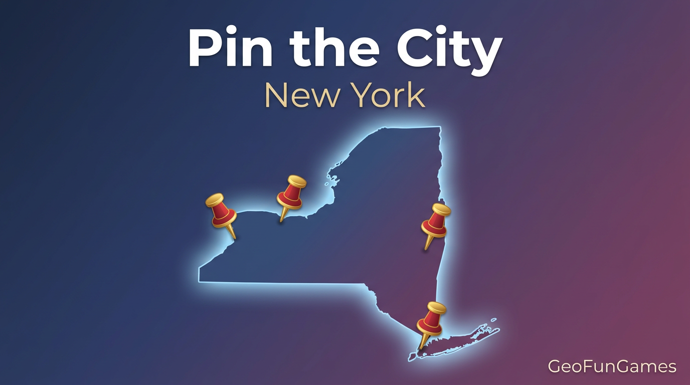 Pin the City - New York: map illustration with pins for this geography game.