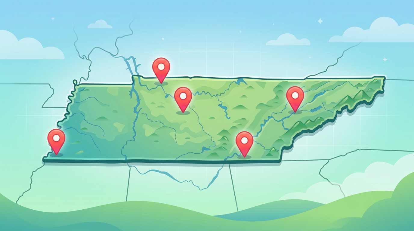 Pin the City - Tennessee: map illustration with pins for this geography game.
