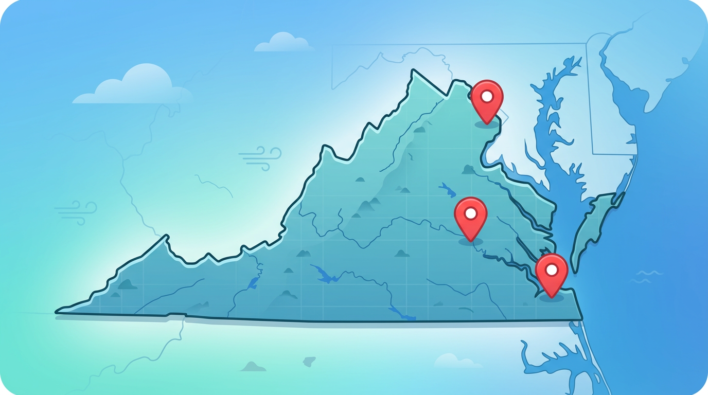 Pin the City - Virginia: map illustration with pins for this geography game.
