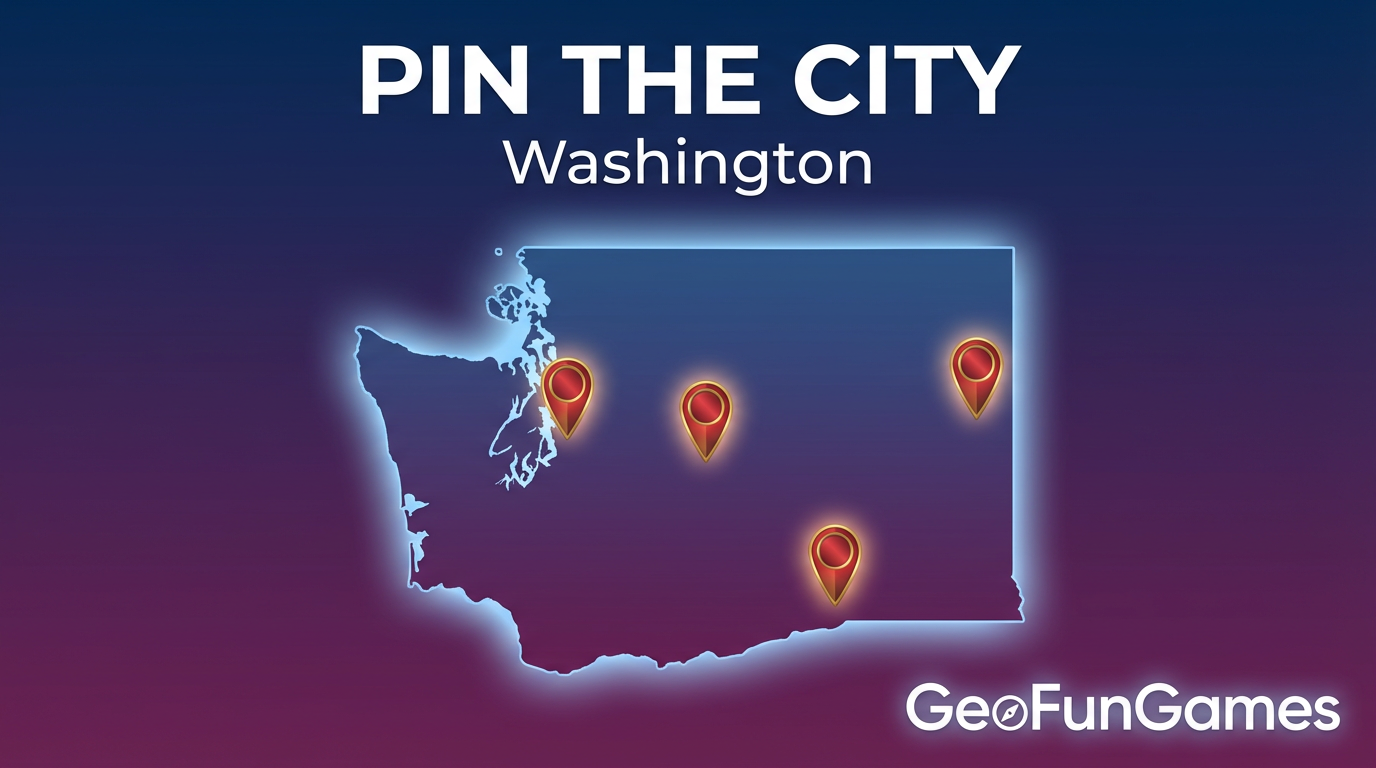 Pin the City - Washington: map illustration with pins for this geography game.