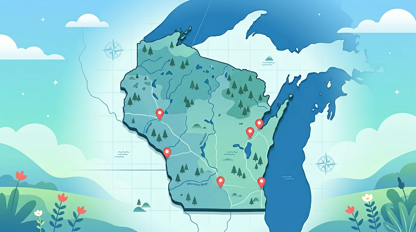 Pin the City - Wisconsin: map illustration with pins for this geography game.