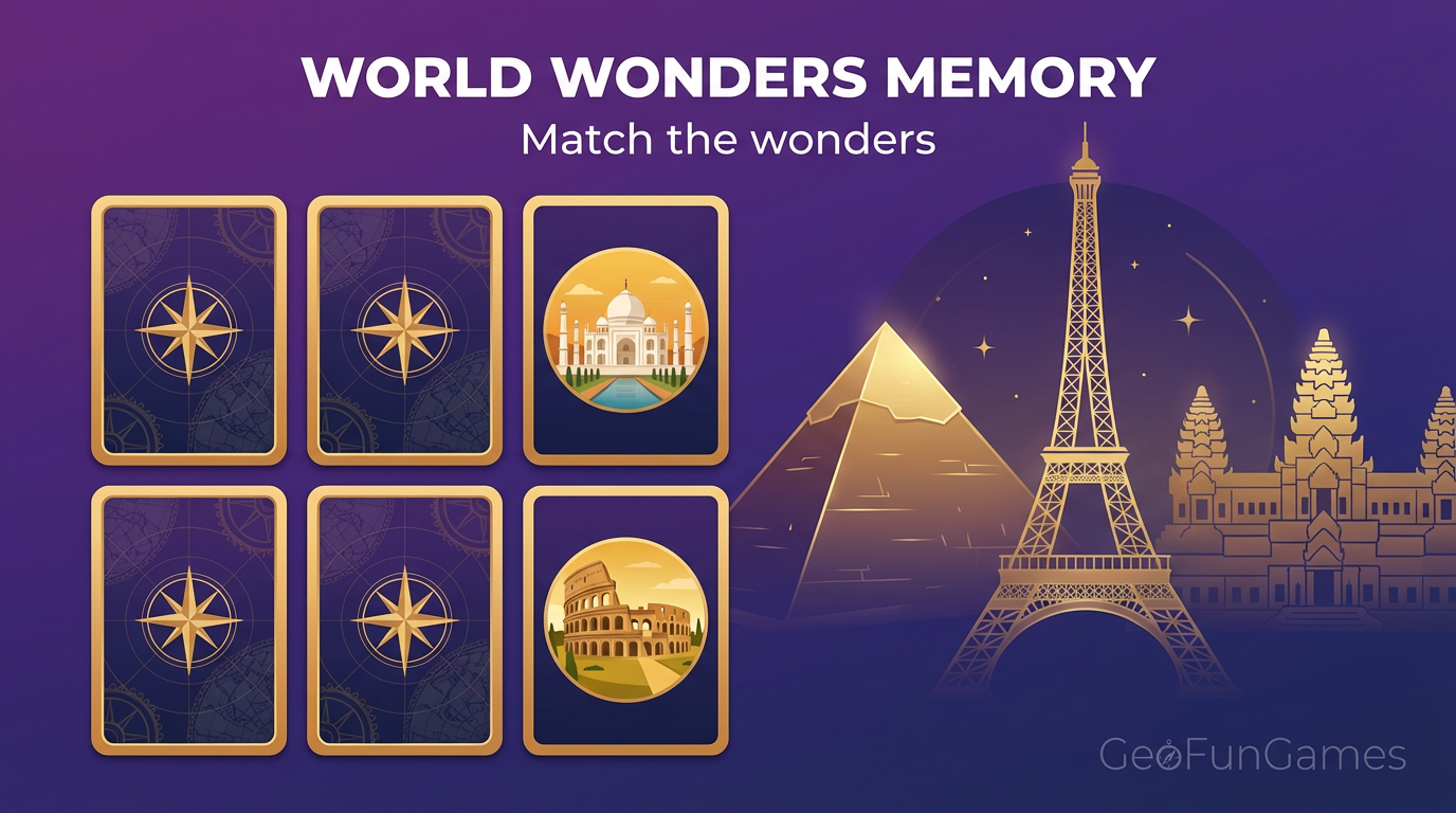 Verdens underverker-hukommelse: kortillustrasjon til geografispillet.