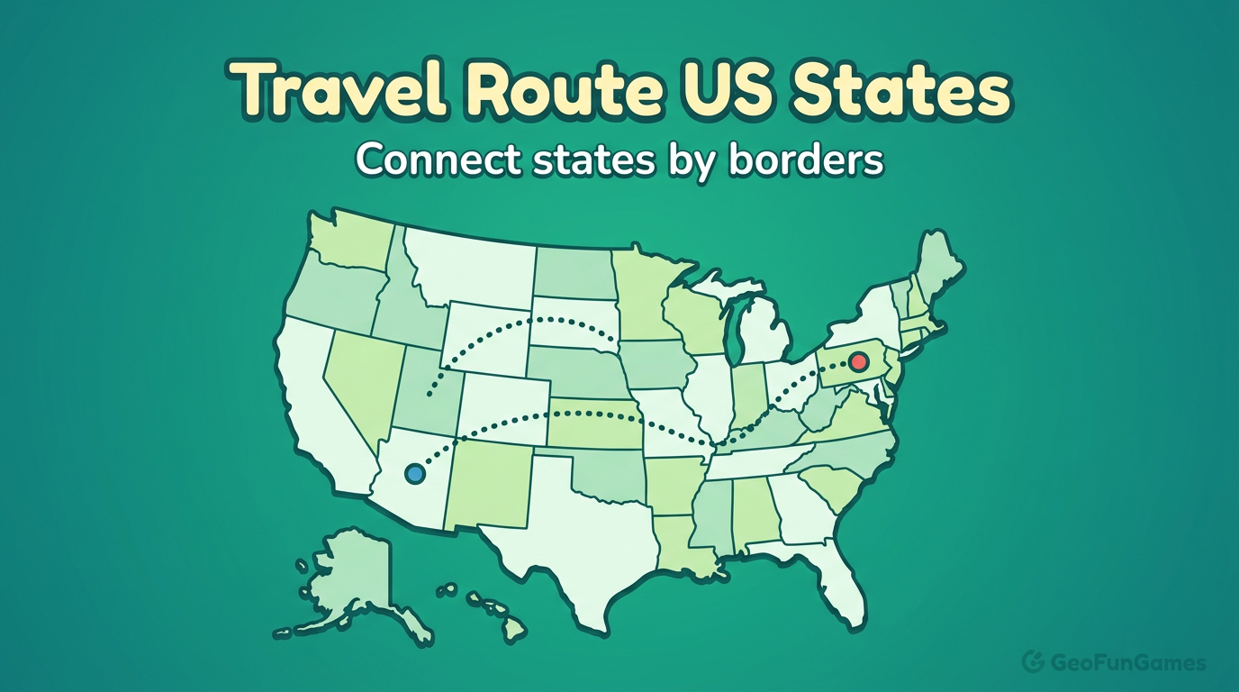 Travel Route USA-delstater: illustration av en väg mellan delstater på kartan för geographiespelet.