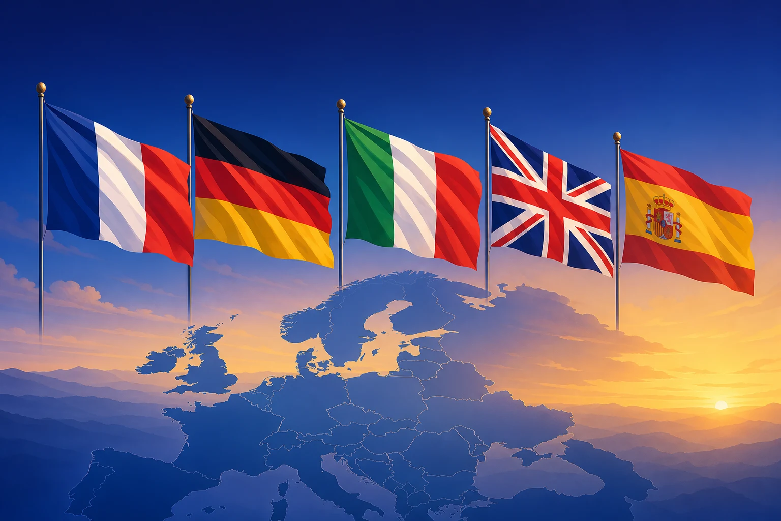Illustration of France, Germany, Italy, UK, and Spain flags above a map of Europe — preview for the Flags of Europe lesson.