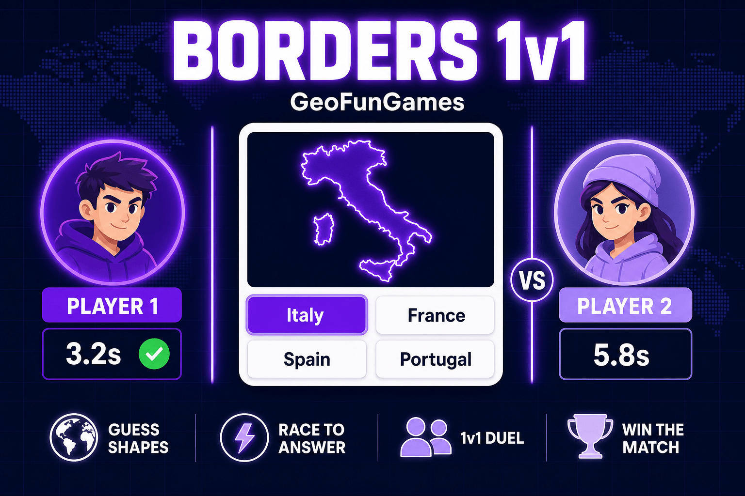 Two players racing to identify a country by its borders in Borders Multiplayer