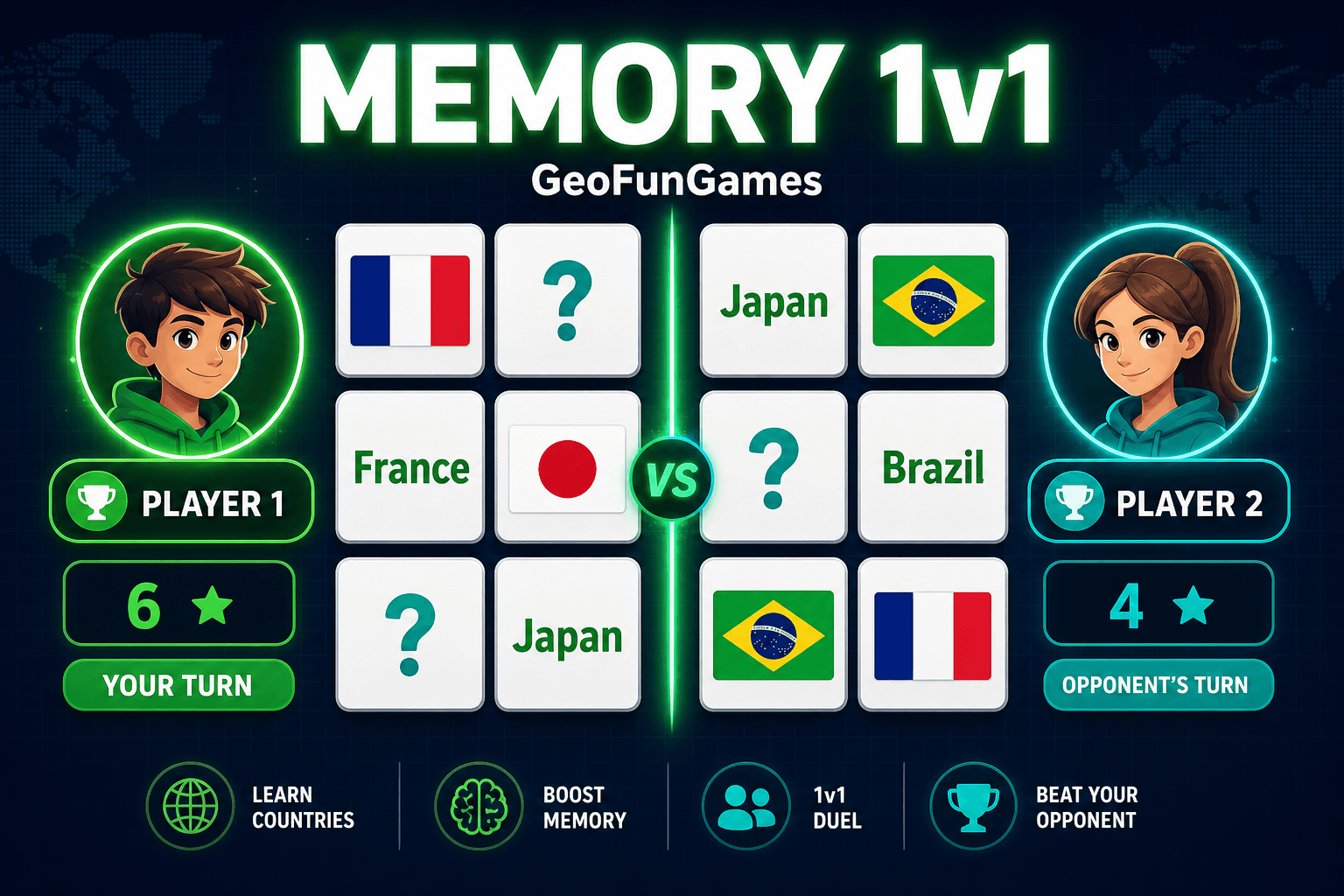 Två spelare turas om att matcha flaggkort med landsnamn i Memory Multiplayer