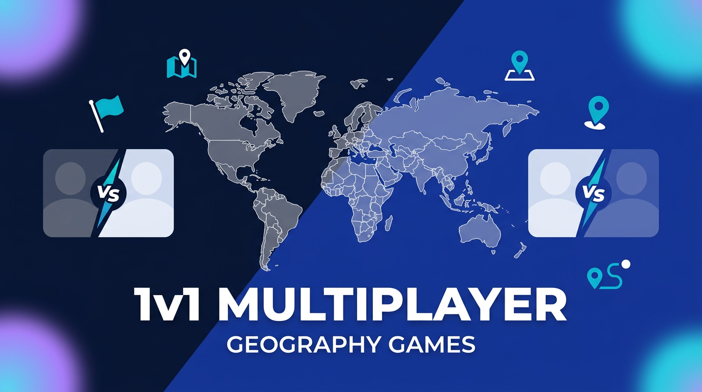 Live 1v1 flerspiller-geografispill — flagg, byer, reiseruter og kartutfordringer