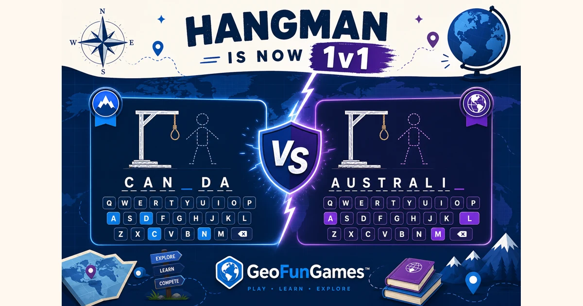 Nyt: Galgemand er nu 1v1 To spillere kapper om at gætte det samme skjulte land i Galgemand 1v1 på GeoFunGames