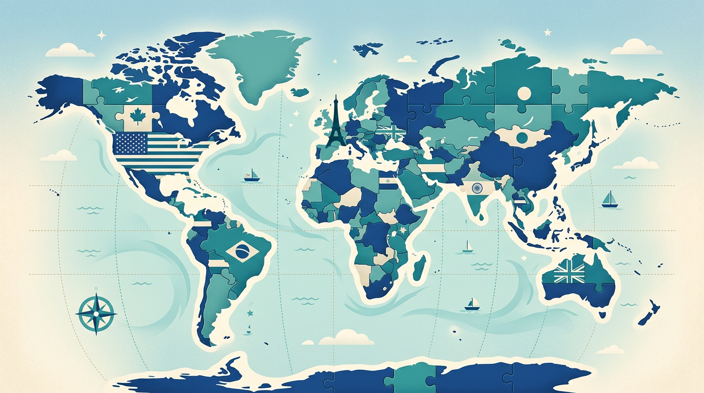 Illustrasjon av geografipuslespill: verdens flagg, kart og kjente landemerker som puslespillbrikker.